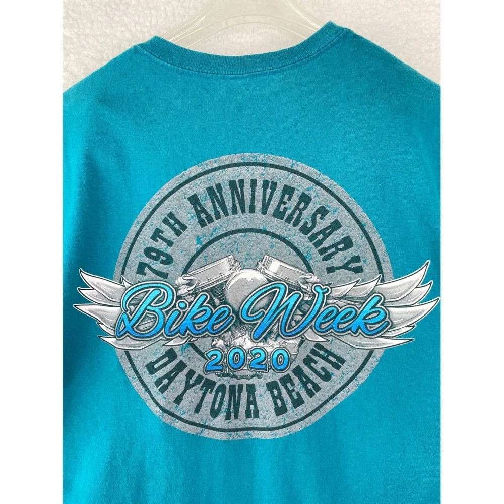 Gildan‎ Mens Daytona Beach Bike Week 2020 79th Anniversary Teal T-Shirt Large